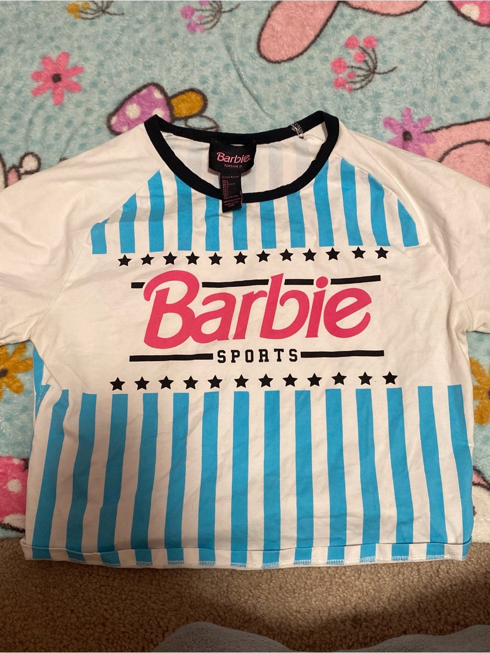 Forever 21 Barbie Sports White Pink Blue Cropped Tee